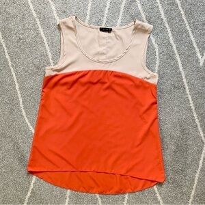 Mine Color block Tan and Orange Sleeveless Blouse with Button Back